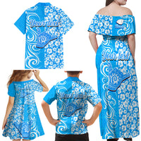 Custom Hawaii Kauai Island Family Matching Off Shoulder Maxi Dress and Hawaiian Shirt Hibiscus Pattern Seamless Tribal Simple Blue LT03 - Polynesian Pride