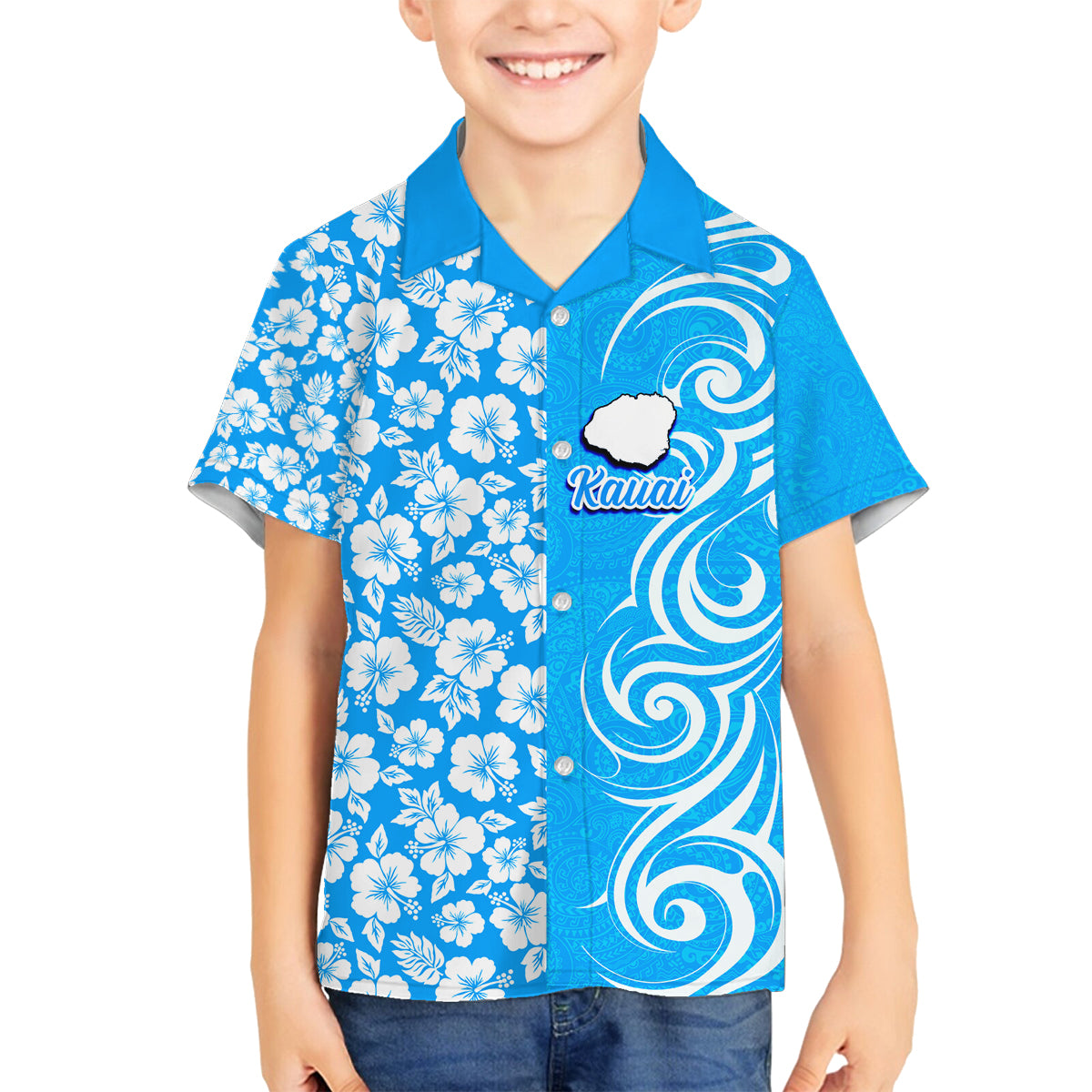 Custom Hawaii Kauai Island Family Matching Puletasi Dress and Hawaiian Shirt Hibiscus Pattern Seamless Tribal Simple Blue LT03 Son's Shirt Blue - Polynesian Pride