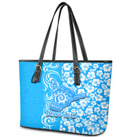 Custom Hawaii Kauai Island Leather Tote Bag Hibiscus Pattern Seamless Tribal Simple Blue LT03 - Polynesian Pride