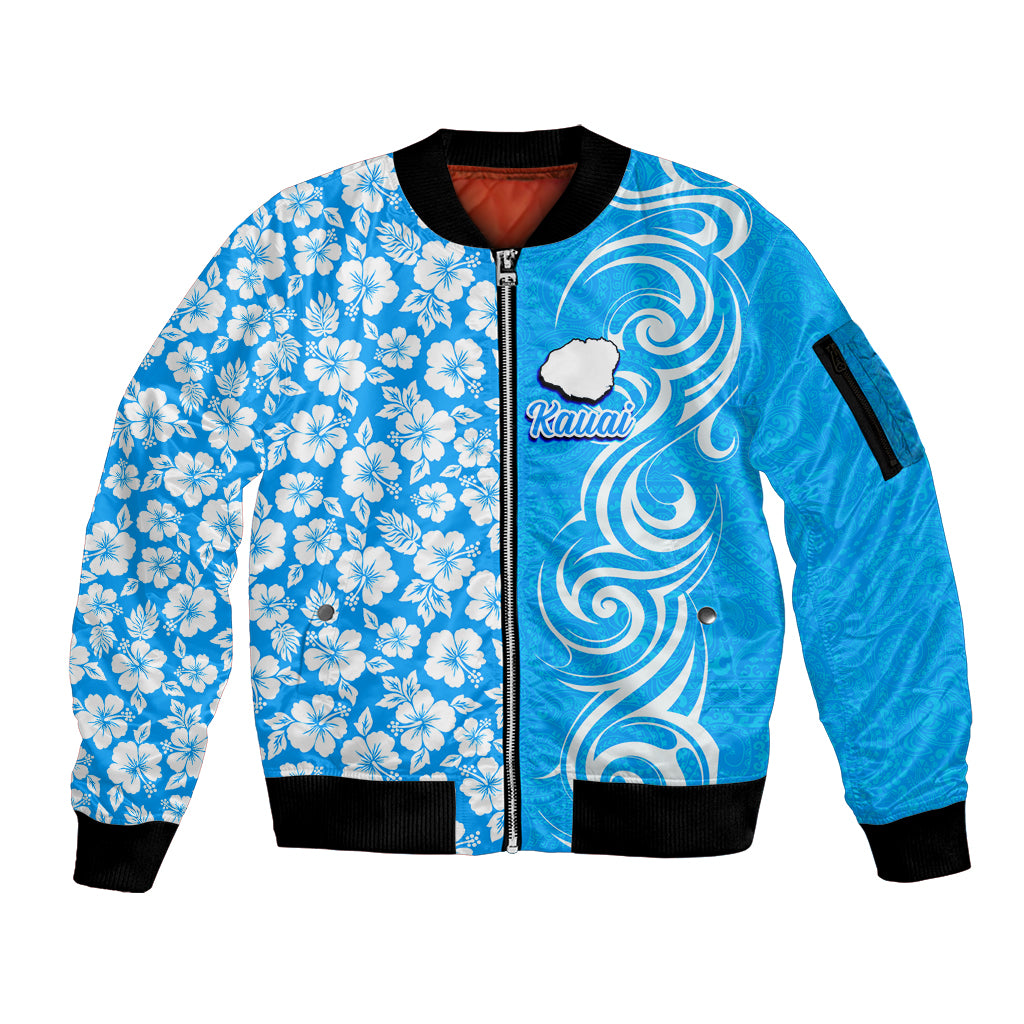Custom Hawaii Kauai Island Sleeve Zip Bomber Jacket Hibiscus Pattern Seamless Tribal Simple Blue LT03 Unisex Blue - Polynesian Pride
