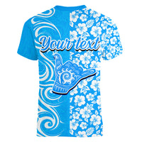 Custom Hawaii Kauai Island Women V Neck T Shirt Hibiscus Pattern Seamless Tribal Simple Blue LT03 - Polynesian Pride