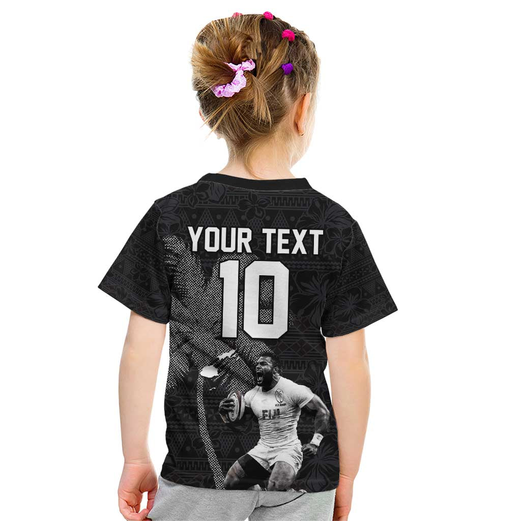 Custom Fiji Rugby Pacific Champions 2024 Kid T Shirt Anniversary 7 Titles - Fijians Rugby and Tapa Hibiscus Black Art LT03 - Polynesian Pride