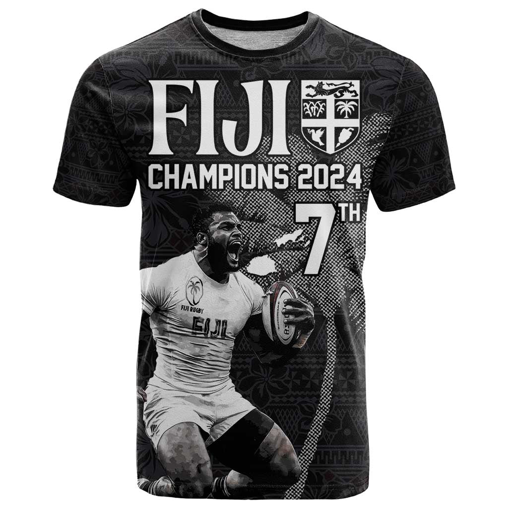 Custom Fiji Rugby Pacific Champions 2024 T Shirt Anniversary 7 Titles - Fijians Rugby and Tapa Hibiscus Black Art LT03 Black - Polynesian Pride