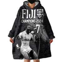 Custom Fiji Rugby Pacific Champions 2024 Wearable Blanket Hoodie Anniversary 7 Titles - Fijians Rugby and Tapa Hibiscus Black Art