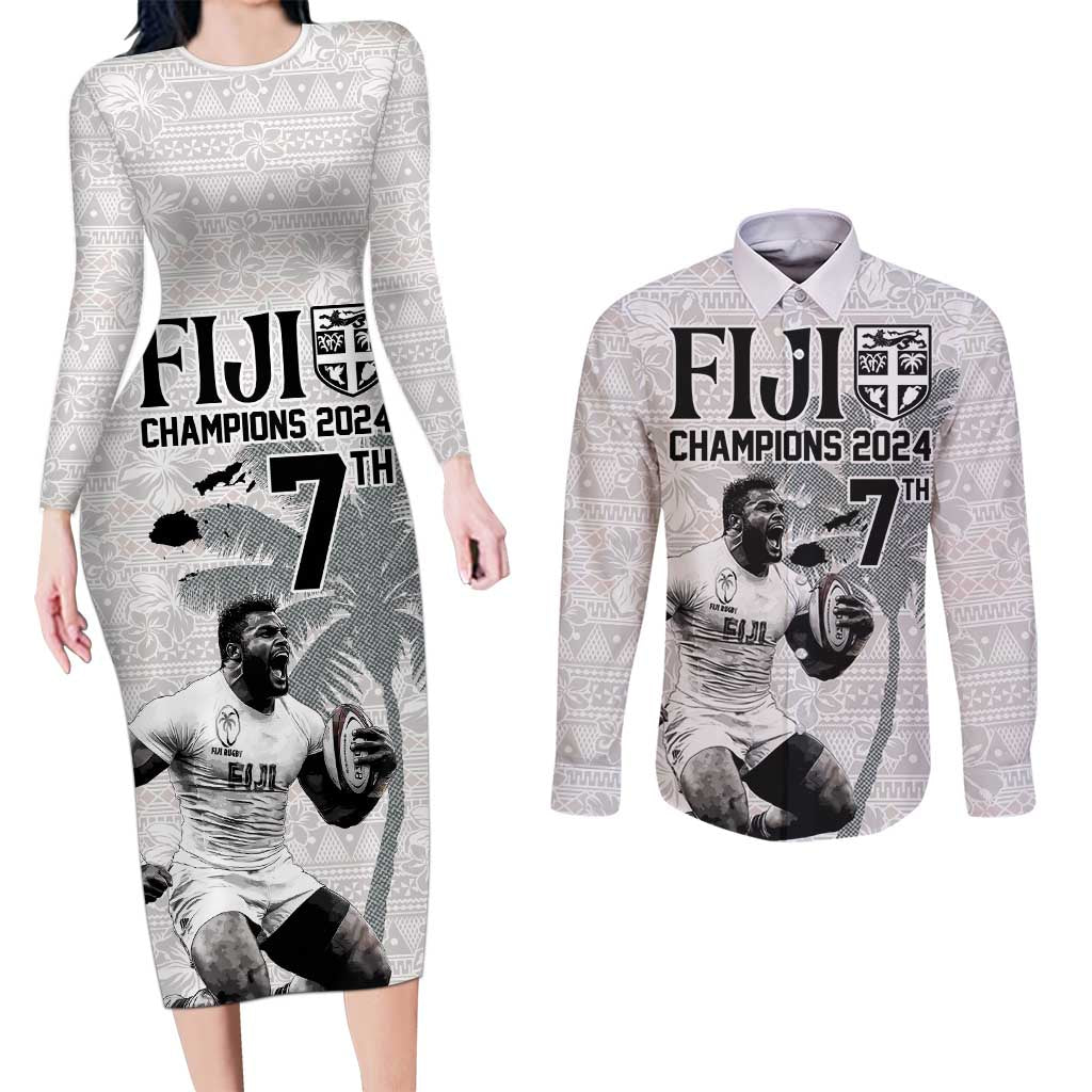 Custom Fiji Rugby Pacific Champions 2024 Couples Matching Long Sleeve Bodycon Dress and Long Sleeve Button Shirt Anniversary 7 Titles - Fijians Rugby and Tapa Hibiscus White Art LT03 White - Polynesian Pride