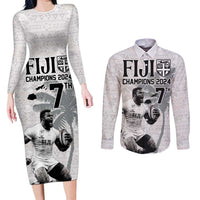 Custom Fiji Rugby Pacific Champions 2024 Couples Matching Long Sleeve Bodycon Dress and Long Sleeve Button Shirt Anniversary 7 Titles - Fijians Rugby and Tapa Hibiscus White Art LT03 White - Polynesian Pride