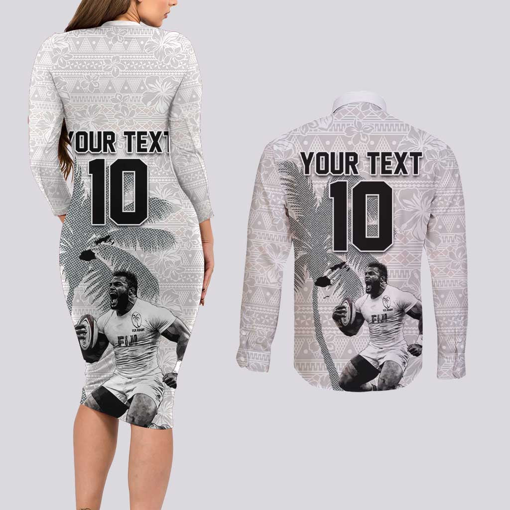 Custom Fiji Rugby Pacific Champions 2024 Couples Matching Long Sleeve Bodycon Dress and Long Sleeve Button Shirt Anniversary 7 Titles - Fijians Rugby and Tapa Hibiscus White Art LT03 - Polynesian Pride