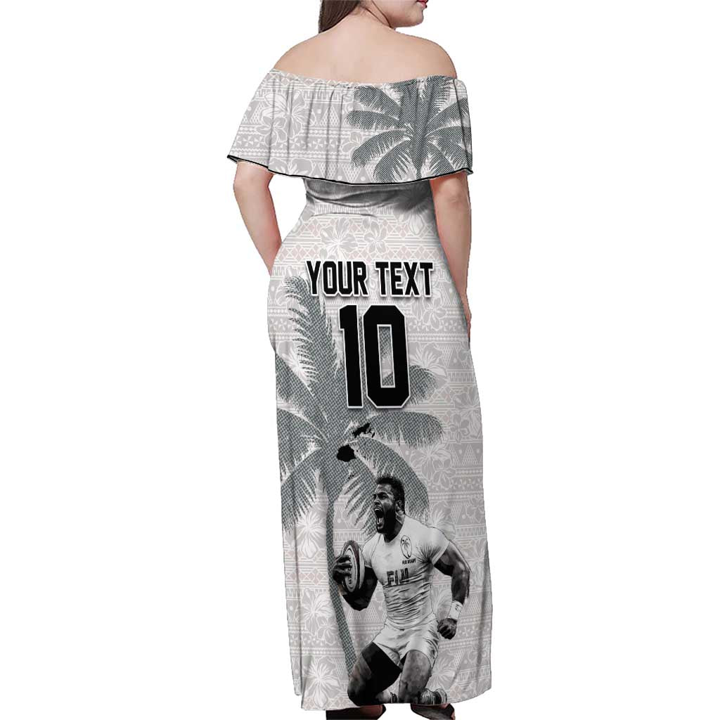 Custom Fiji Rugby Pacific Champions 2024 Family Matching Off Shoulder Maxi Dress and Hawaiian Shirt Anniversary 7 Titles - Fijians Rugby and Tapa Hibiscus White Art