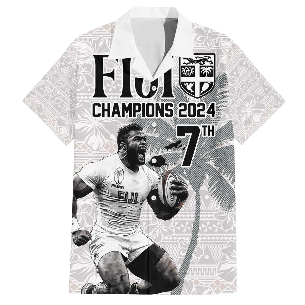 Custom Fiji Rugby Pacific Champions 2024 Family Matching Puletasi and Hawaiian Shirt Anniversary 7 Titles - Fijians Rugby and Tapa Hibiscus White Art
