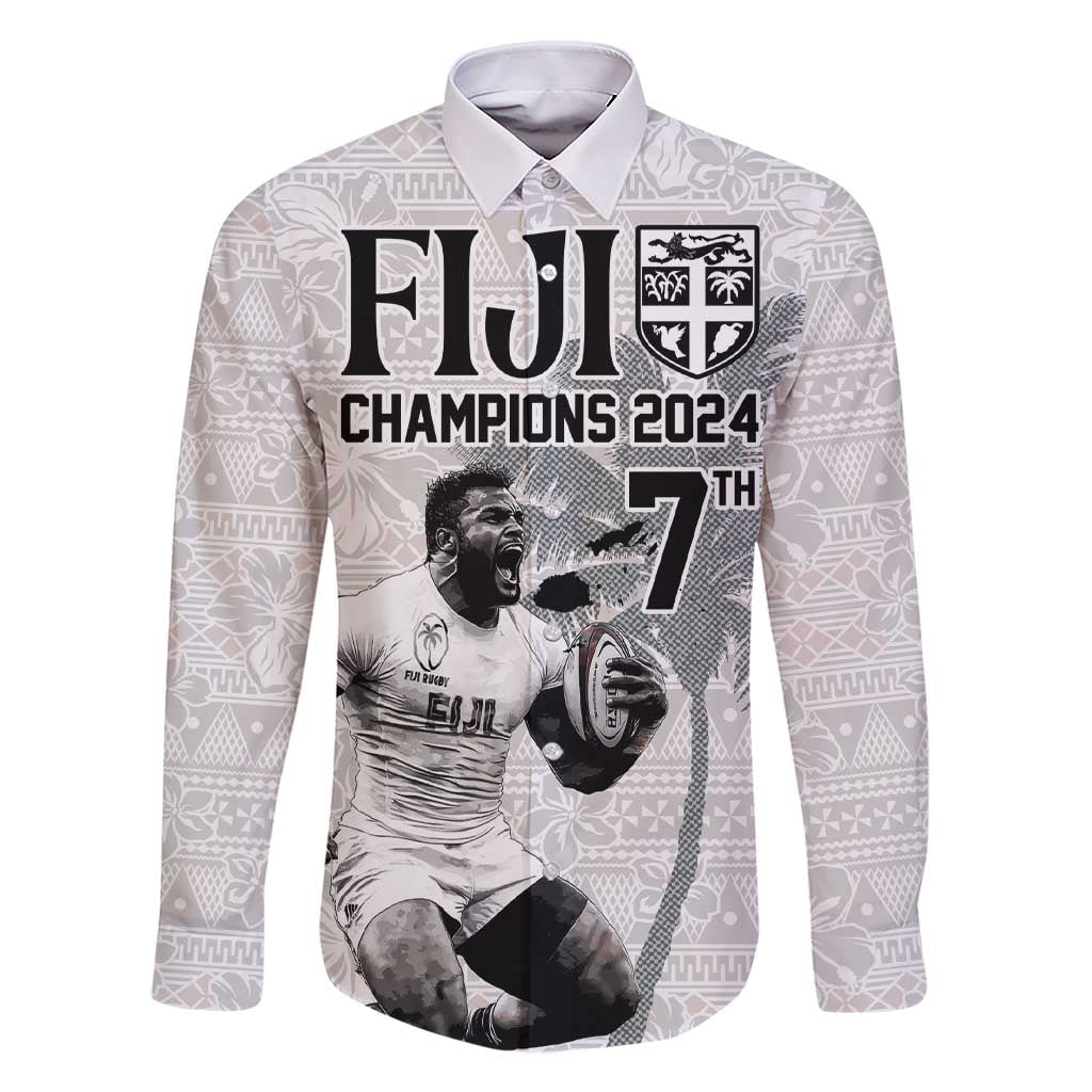 Custom Fiji Rugby Pacific Champions 2024 Family Matching Short Sleeve Bodycon Dress and Hawaiian Shirt Anniversary 7 Titles - Fijians Rugby and Tapa Hibiscus White Art