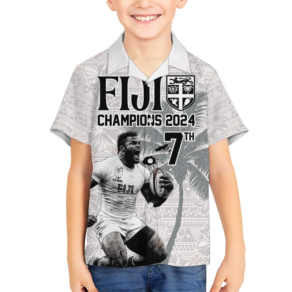 Custom Fiji Rugby Pacific Champions 2024 Family Matching Short Sleeve Bodycon Dress and Hawaiian Shirt Anniversary 7 Titles - Fijians Rugby and Tapa Hibiscus White Art