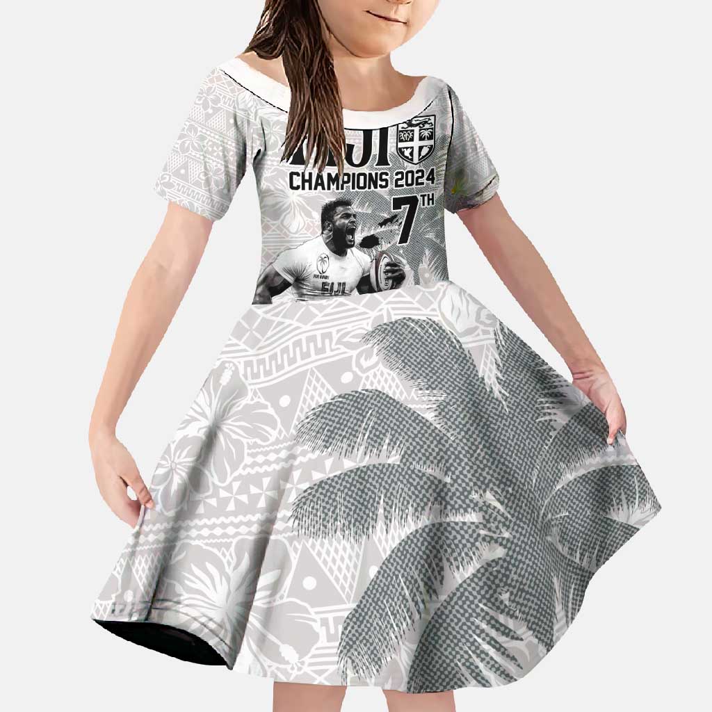 Custom Fiji Rugby Pacific Champions 2024 Family Matching Tank Maxi Dress and Hawaiian Shirt Anniversary 7 Titles - Fijians Rugby and Tapa Hibiscus White Art LT03 Daughter's Dress White - Polynesian Pride