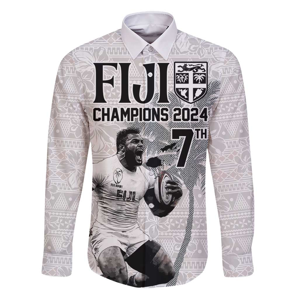 Custom Fiji Rugby Pacific Champions 2024 Family Matching Tank Maxi Dress and Hawaiian Shirt Anniversary 7 Titles - Fijians Rugby and Tapa Hibiscus White Art LT03 Dad's Shirt - Long Sleeve White - Polynesian Pride