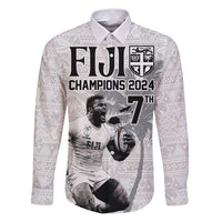 Custom Fiji Rugby Pacific Champions 2024 Family Matching Tank Maxi Dress and Hawaiian Shirt Anniversary 7 Titles - Fijians Rugby and Tapa Hibiscus White Art LT03 Dad's Shirt - Long Sleeve White - Polynesian Pride