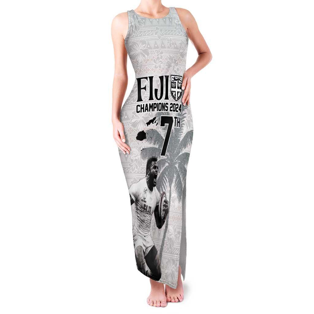 Custom Fiji Rugby Pacific Champions 2024 Family Matching Tank Maxi Dress and Hawaiian Shirt Anniversary 7 Titles - Fijians Rugby and Tapa Hibiscus White Art LT03 Mom's Dress White - Polynesian Pride
