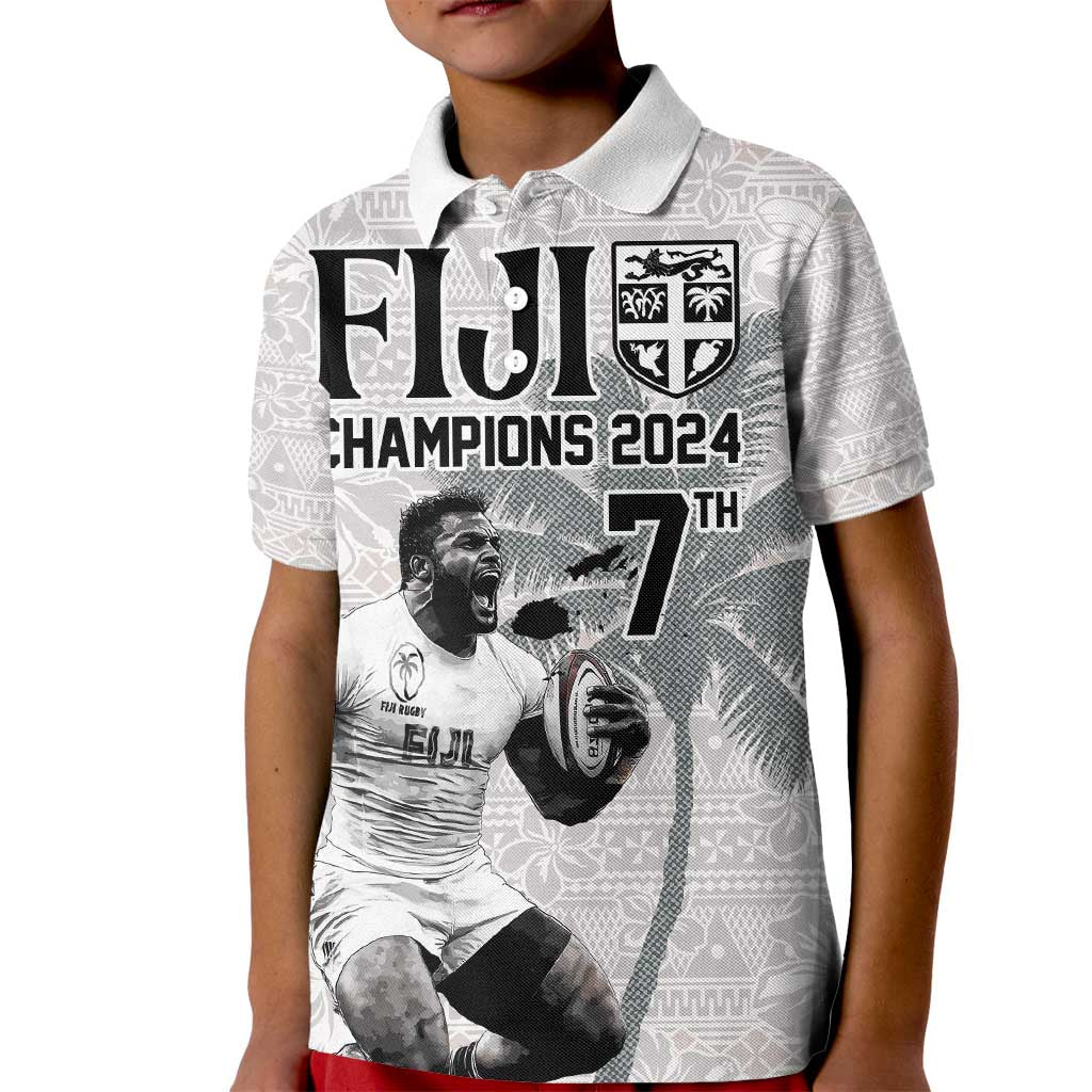 Custom Fiji Rugby Pacific Champions 2024 Kid Polo Shirt Anniversary 7 Titles - Fijians Rugby and Tapa Hibiscus White Art