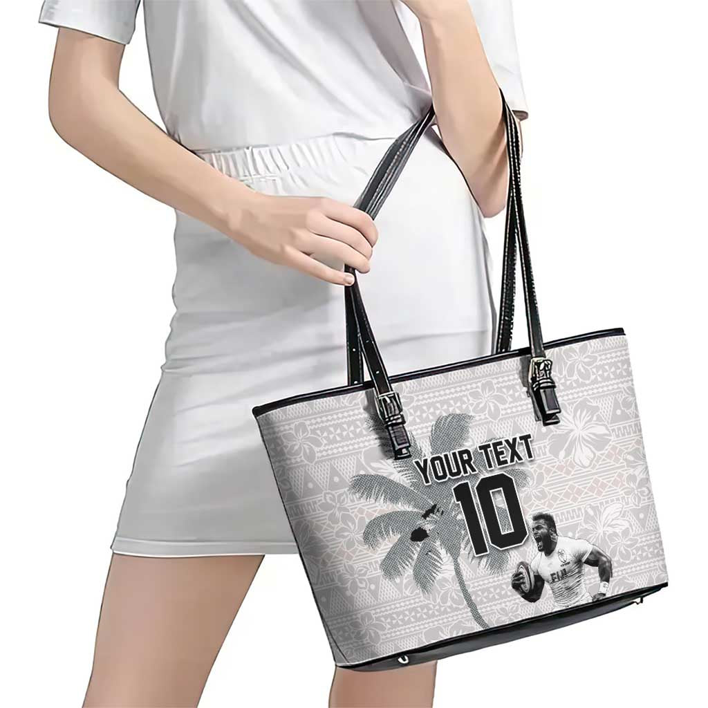 Custom Fiji Rugby Pacific Champions 2024 Leather Tote Bag Anniversary 7 Titles - Fijians Rugby and Tapa Hibiscus White Art