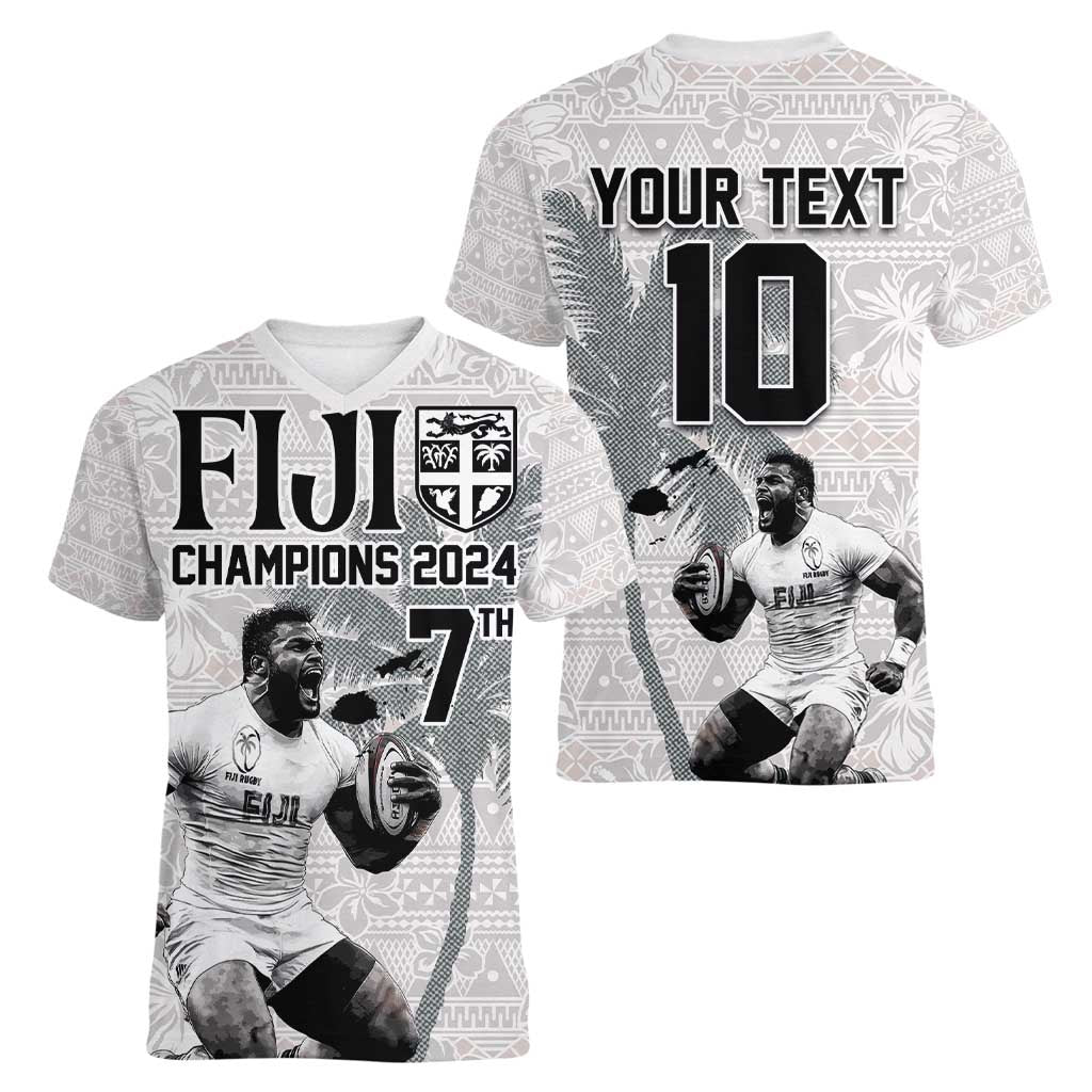 Custom Fiji Rugby Pacific Champions 2024 Women V-Neck T-Shirt Anniversary 7 Titles - Fijians Rugby and Tapa Hibiscus White Art