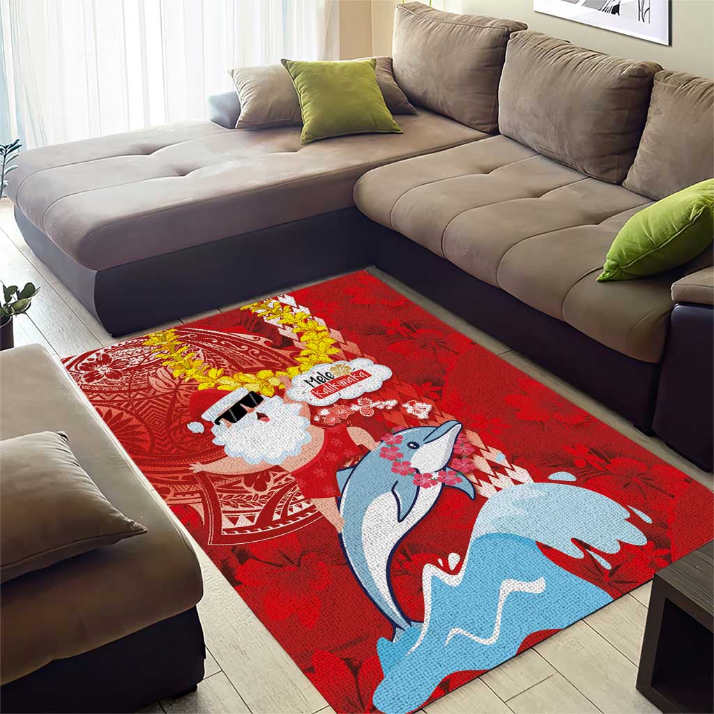 Hawaiian Mele Kalikimaka Area Rug Funny Santa Riding Lei Dolphin with Kakau Tattoos - Polynesian Pride