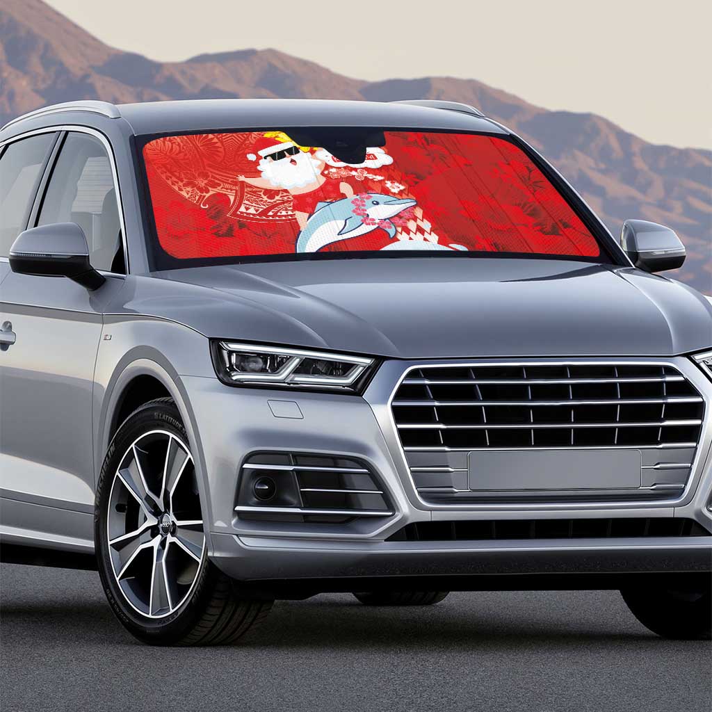 Hawaiian Mele Kalikimaka Auto Sun Shade Funny Santa Riding Lei Dolphin with Kakau Tattoos - Polynesian Pride