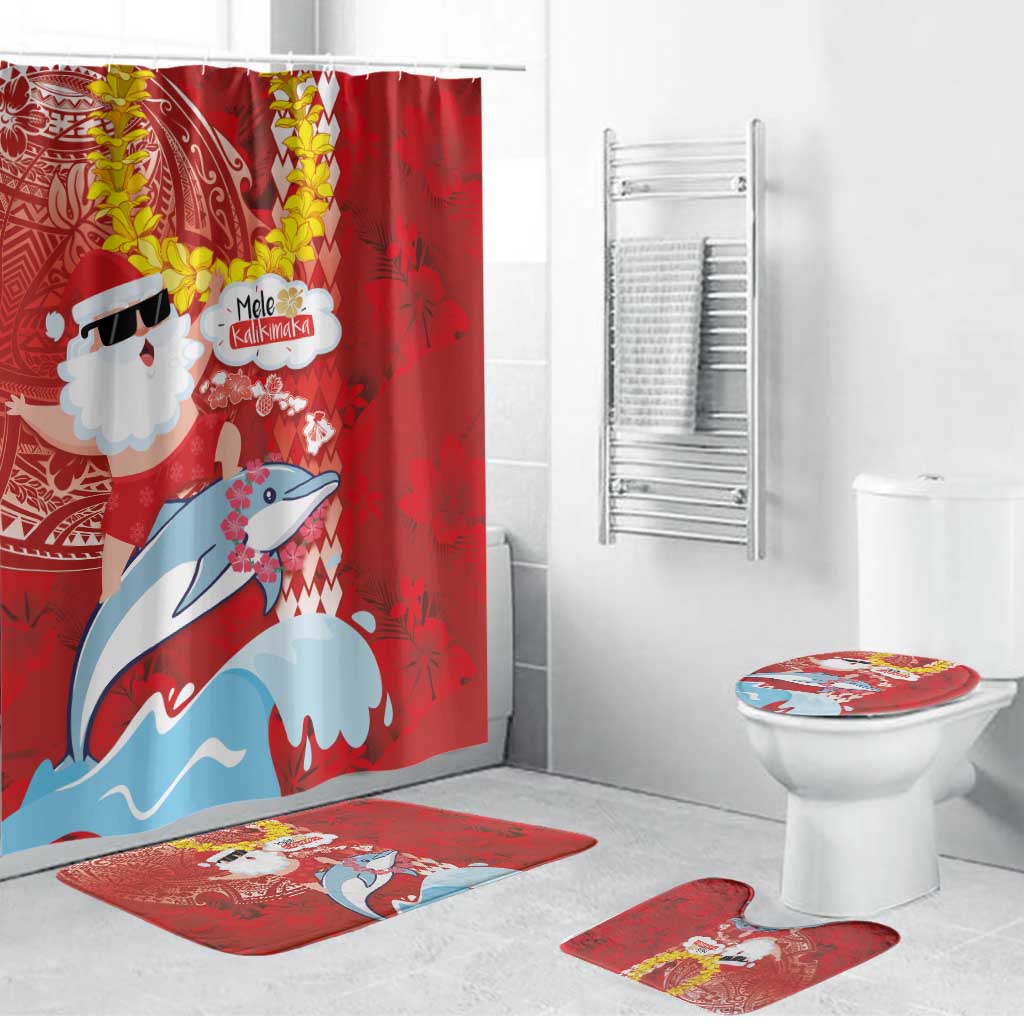 Hawaiian Mele Kalikimaka Bathroom Set Funny Santa Riding Lei Dolphin with Kakau Tattoos - Polynesian Pride