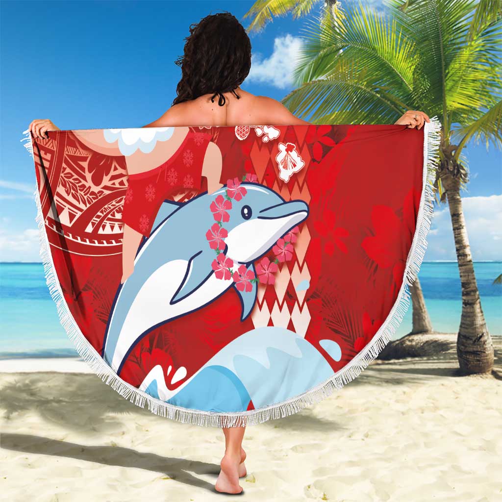 Hawaiian Mele Kalikimaka Beach Blanket Funny Santa Riding Lei Dolphin with Kakau Tattoos - Polynesian Pride