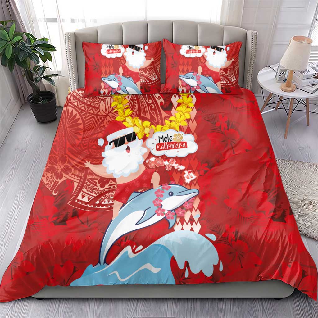Hawaiian Mele Kalikimaka Bedding Set Funny Santa Riding Lei Dolphin with Kakau Tattoos - Polynesian Pride