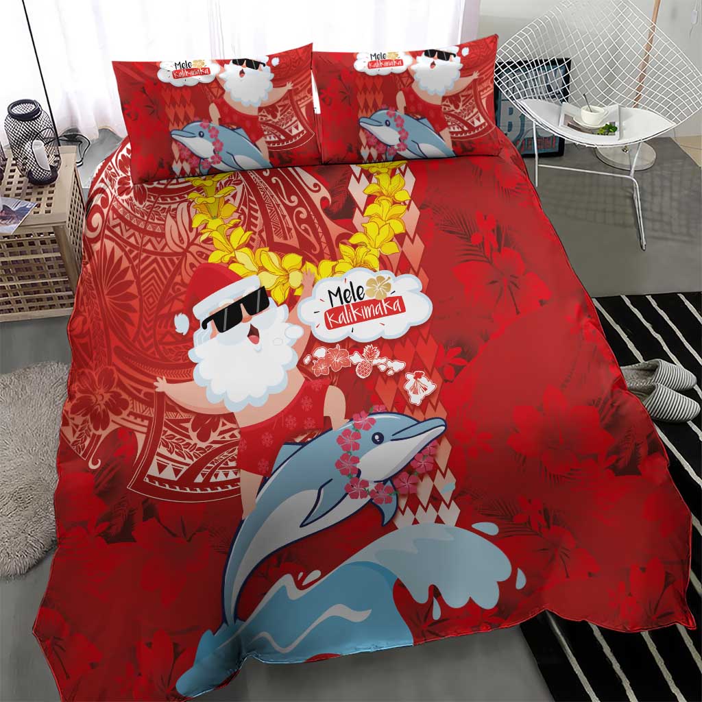 Hawaiian Mele Kalikimaka Bedding Set Funny Santa Riding Lei Dolphin with Kakau Tattoos - Polynesian Pride