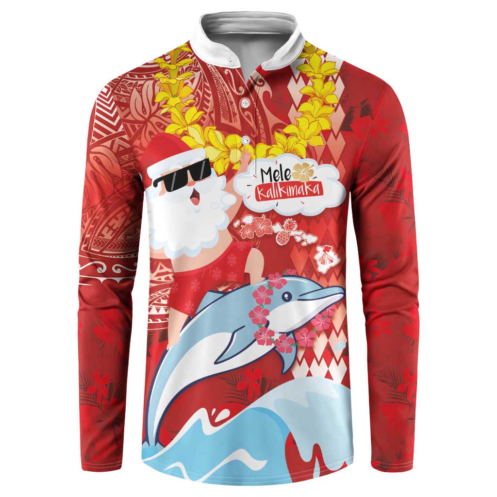 Hawaiian Mele Kalikimaka Button Sweatshirt Funny Santa Riding Lei Dolphin with Kakau Tattoos - Polynesian Pride