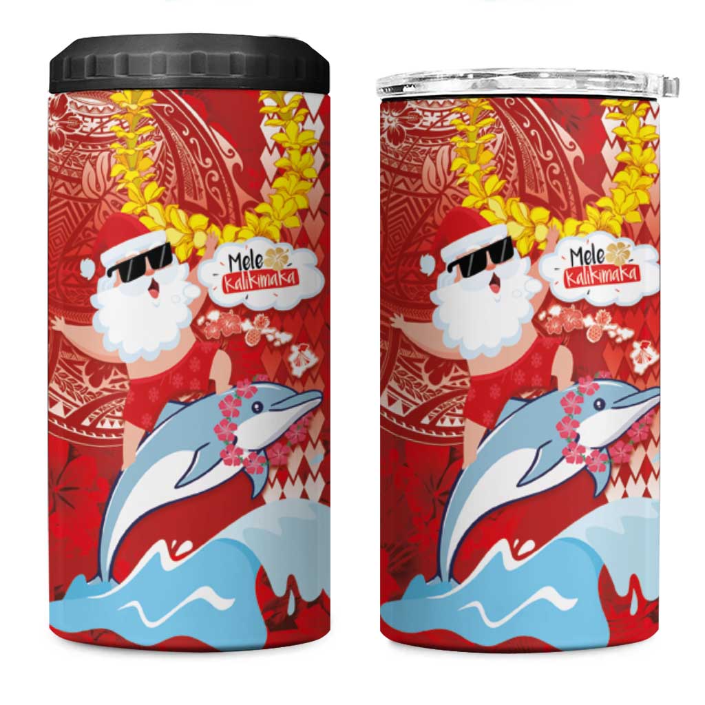 Hawaiian Mele Kalikimaka 4 in 1 Can Cooler Tumbler Funny Santa Riding Lei Dolphin with Kakau Tattoos - Polynesian Pride