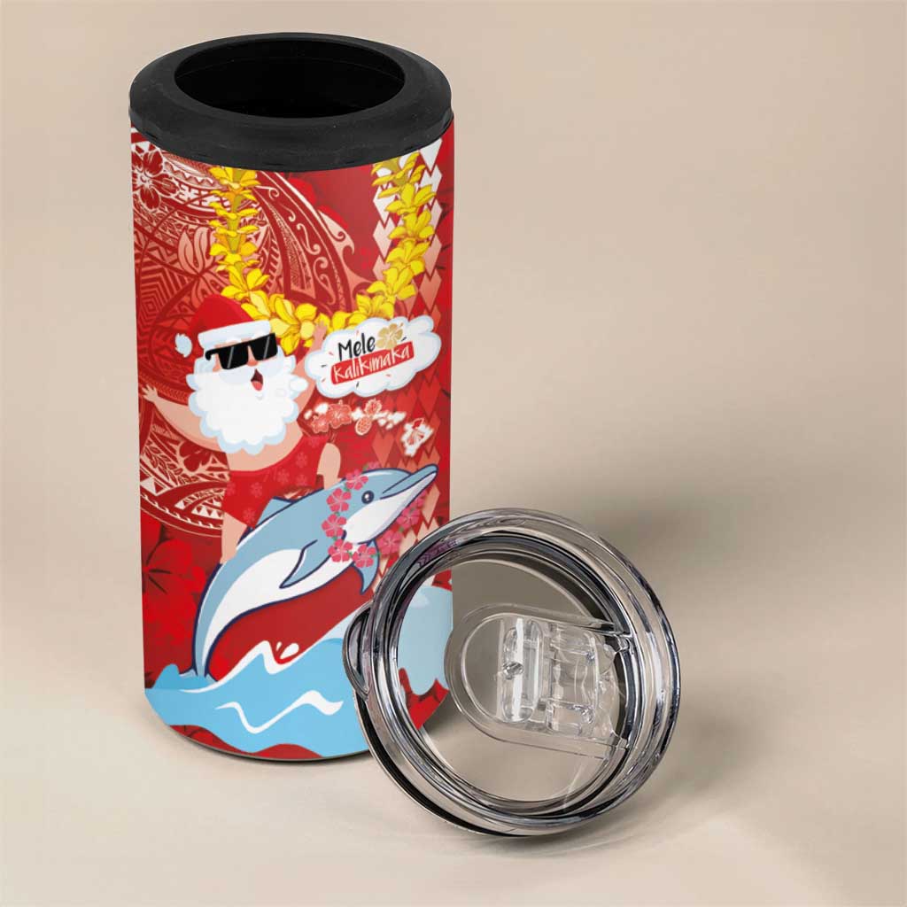 Hawaiian Mele Kalikimaka 4 in 1 Can Cooler Tumbler Funny Santa Riding Lei Dolphin with Kakau Tattoos - Polynesian Pride