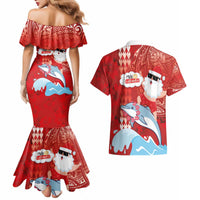 Hawaiian Mele Kalikimaka Couples Matching Mermaid Dress and Hawaiian Shirt Funny Santa Riding Lei Dolphin with Kakau Tattoos - Polynesian Pride