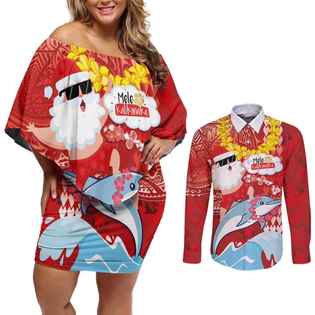 Hawaiian Mele Kalikimaka Couples Matching Off Shoulder Short Dress and Long Sleeve Button Shirt Funny Santa Riding Lei Dolphin with Kakau Tattoos - Polynesian Pride