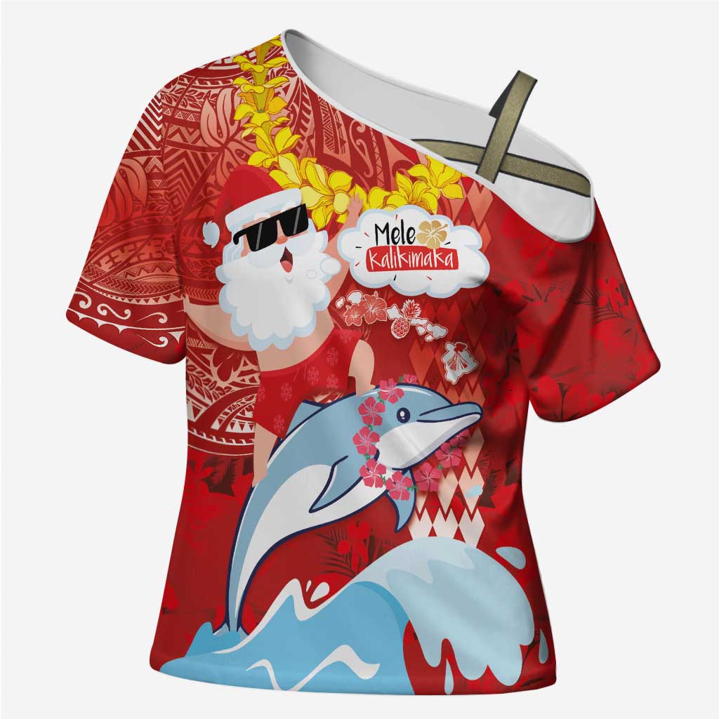 Hawaiian Mele Kalikimaka Cross Shoulder Shirt Funny Santa Riding Lei Dolphin with Kakau Tattoos - Polynesian Pride
