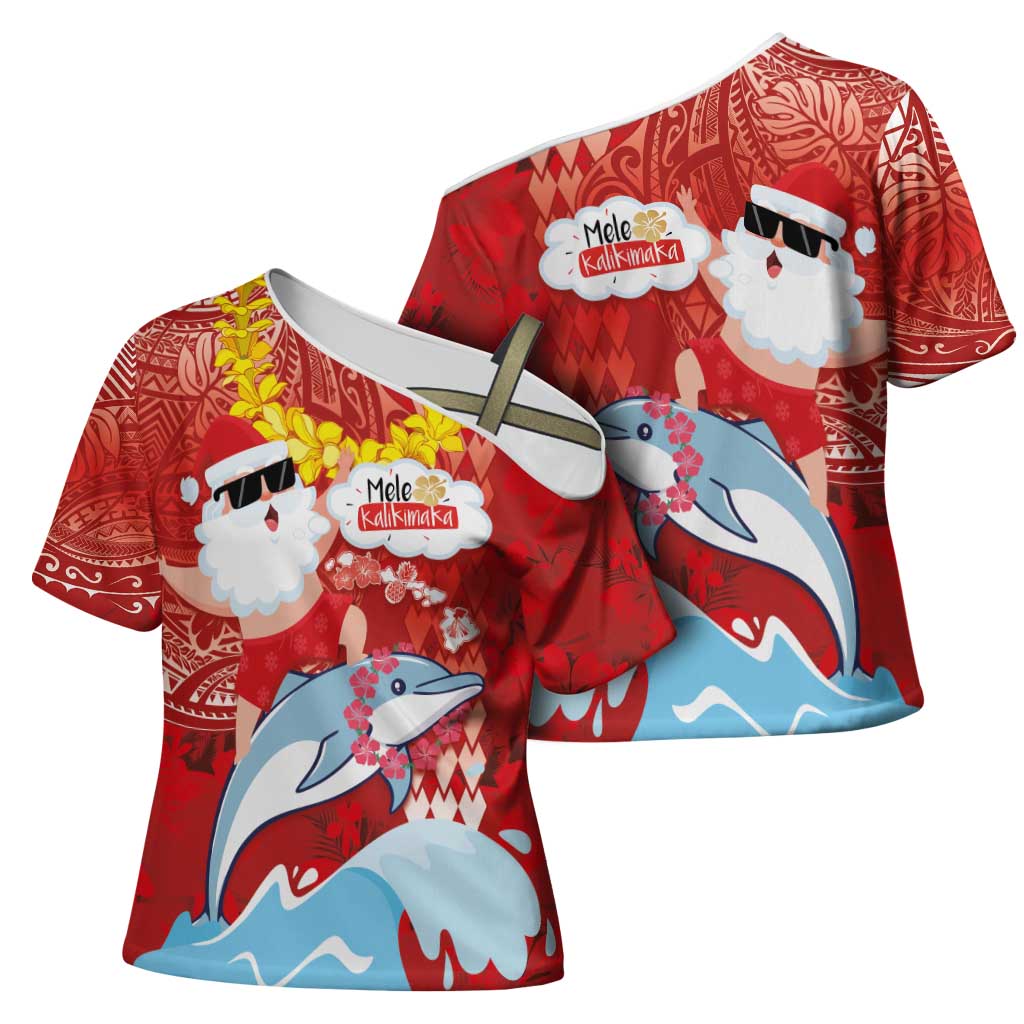 Hawaiian Mele Kalikimaka Cross Shoulder Shirt Funny Santa Riding Lei Dolphin with Kakau Tattoos - Polynesian Pride