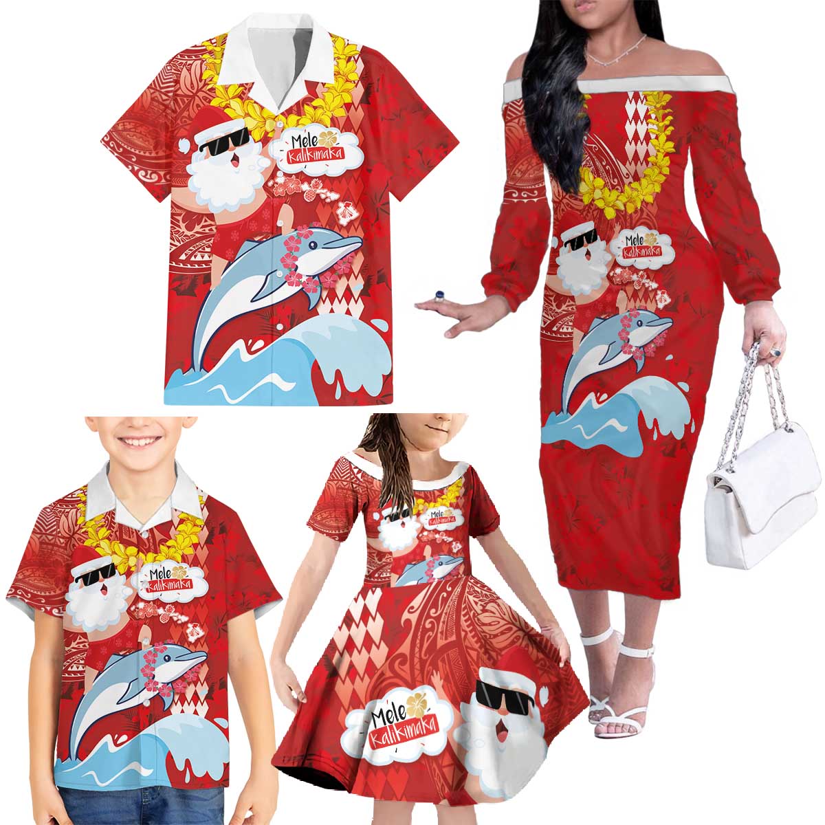 Hawaiian Mele Kalikimaka Family Matching Off The Shoulder Long Sleeve Dress and Hawaiian Shirt Funny Santa Riding Lei Dolphin with Kakau Tattoos - Polynesian Pride