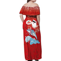 Hawaiian Mele Kalikimaka Family Matching Off Shoulder Maxi Dress and Hawaiian Shirt Funny Santa Riding Lei Dolphin with Kakau Tattoos - Polynesian Pride