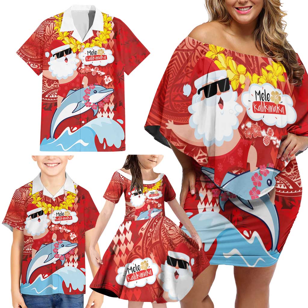 Hawaiian Mele Kalikimaka Family Matching Off Shoulder Short Dress and Hawaiian Shirt Funny Santa Riding Lei Dolphin with Kakau Tattoos - Polynesian Pride