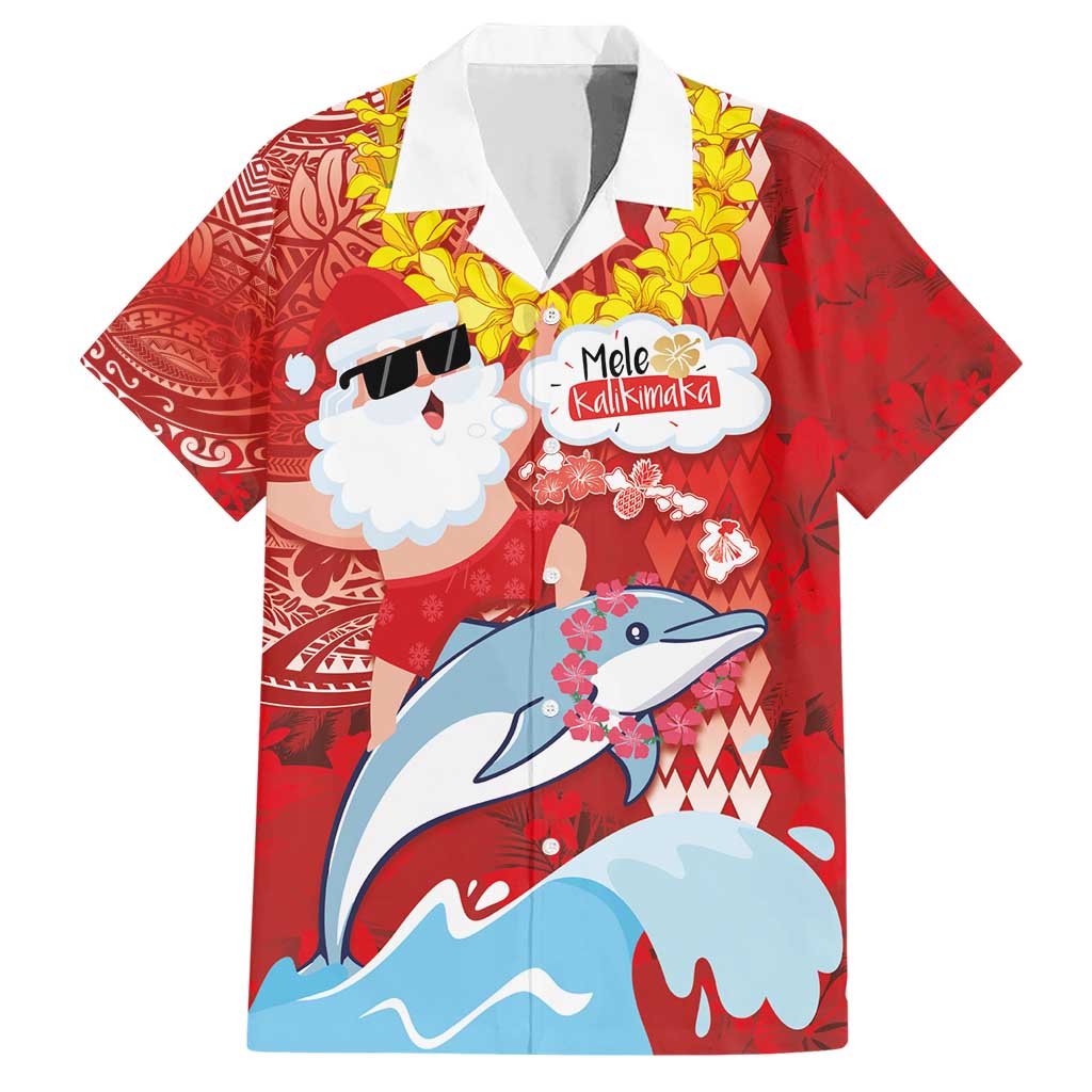 Hawaiian Mele Kalikimaka Family Matching Short Sleeve Bodycon Dress and Hawaiian Shirt Funny Santa Riding Lei Dolphin with Kakau Tattoos - Polynesian Pride