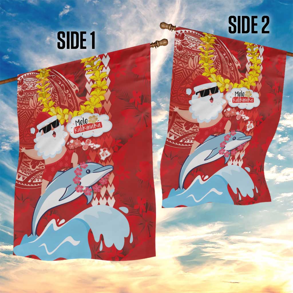 Hawaiian Mele Kalikimaka Garden Flag Funny Santa Riding Lei Dolphin with Kakau Tattoos - Polynesian Pride