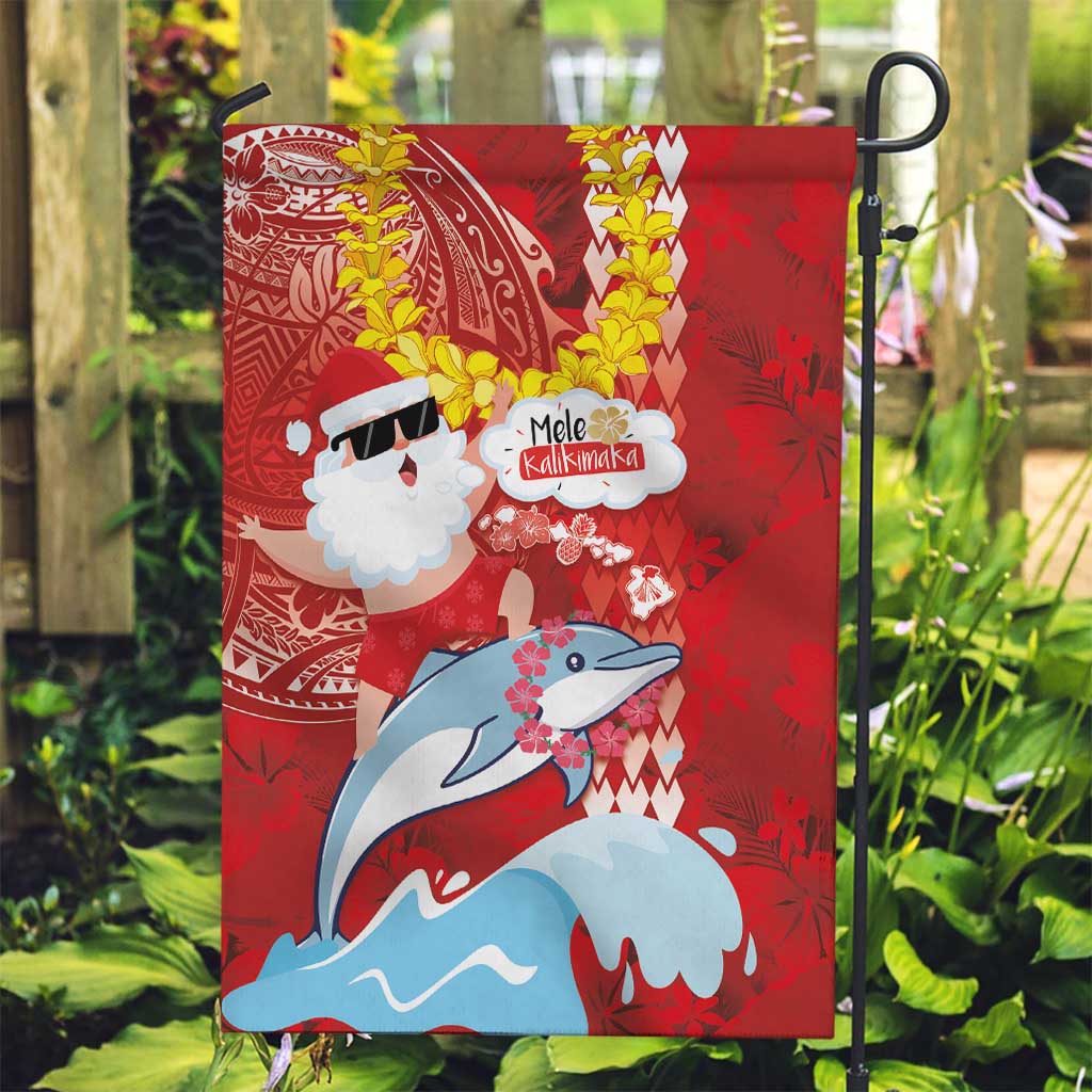 Hawaiian Mele Kalikimaka Garden Flag Funny Santa Riding Lei Dolphin with Kakau Tattoos - Polynesian Pride