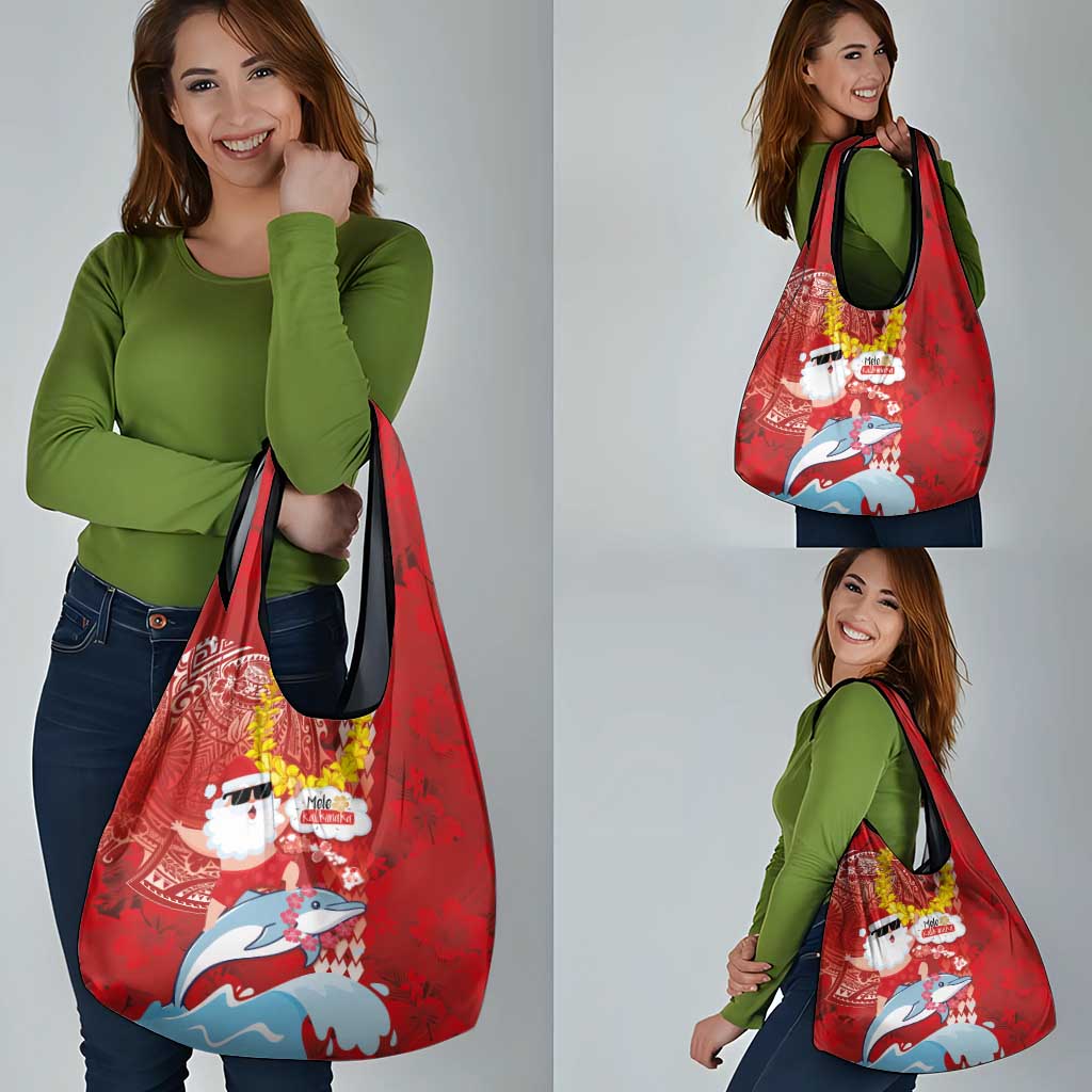 Hawaiian Mele Kalikimaka Grocery Bag Funny Santa Riding Lei Dolphin with Kakau Tattoos - Polynesian Pride
