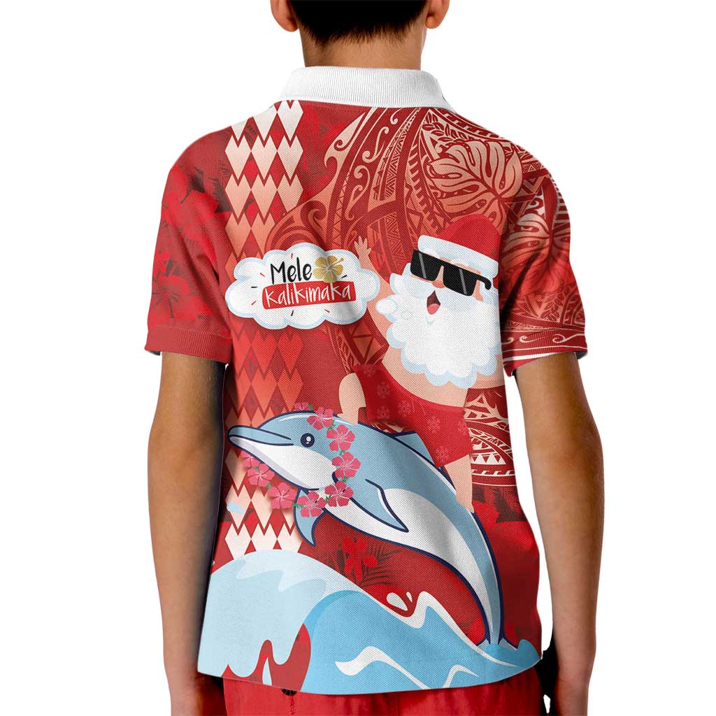 Hawaiian Mele Kalikimaka Kid Polo Shirt Funny Santa Riding Lei Dolphin with Kakau Tattoos - Polynesian Pride