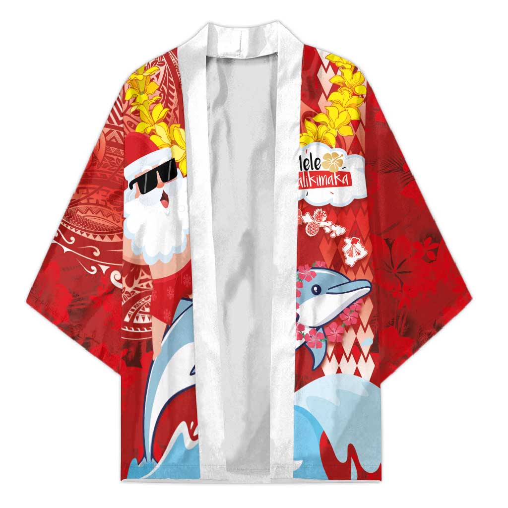 Hawaiian Mele Kalikimaka Kimono Funny Santa Riding Lei Dolphin with Kakau Tattoos LT03 Unisex Red - Polynesian Pride