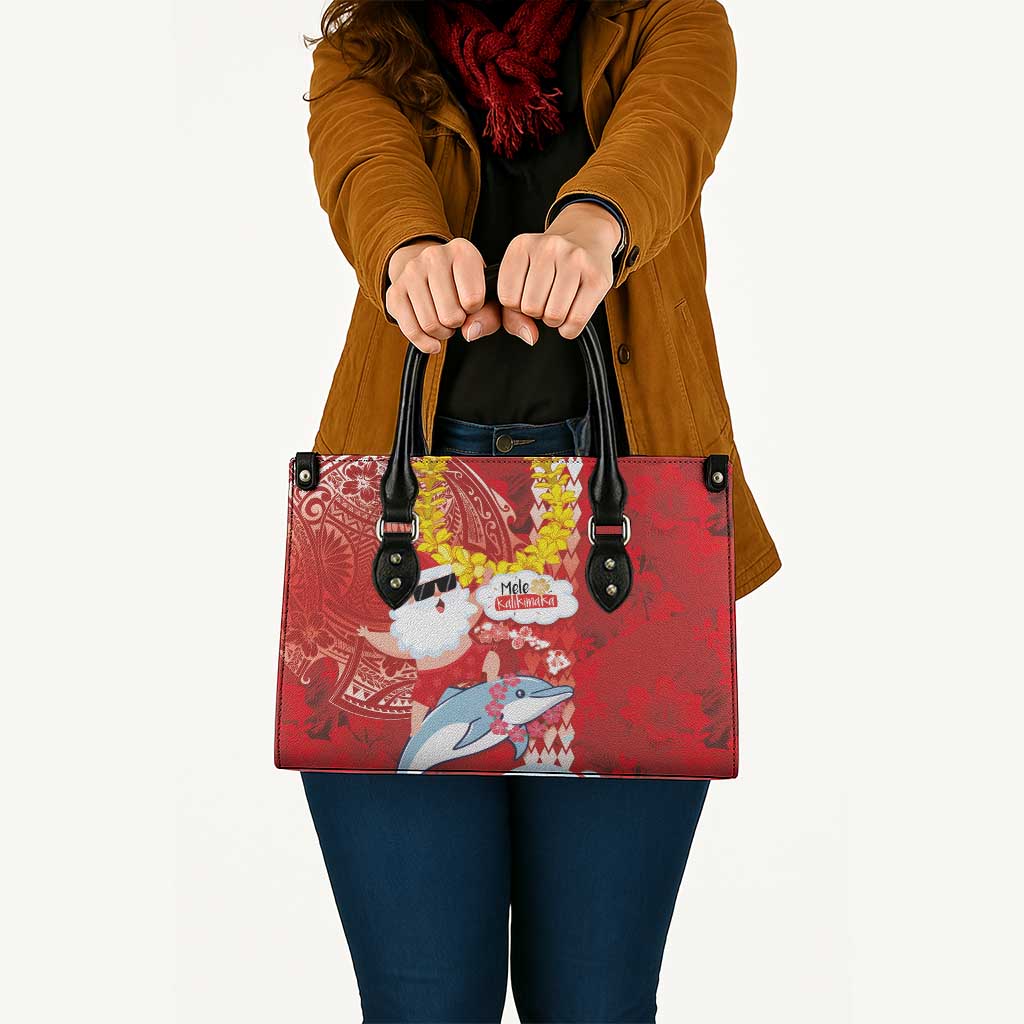 Hawaiian Mele Kalikimaka Leather Bag Funny Santa Riding Lei Dolphin with Kakau Tattoos - Polynesian Pride