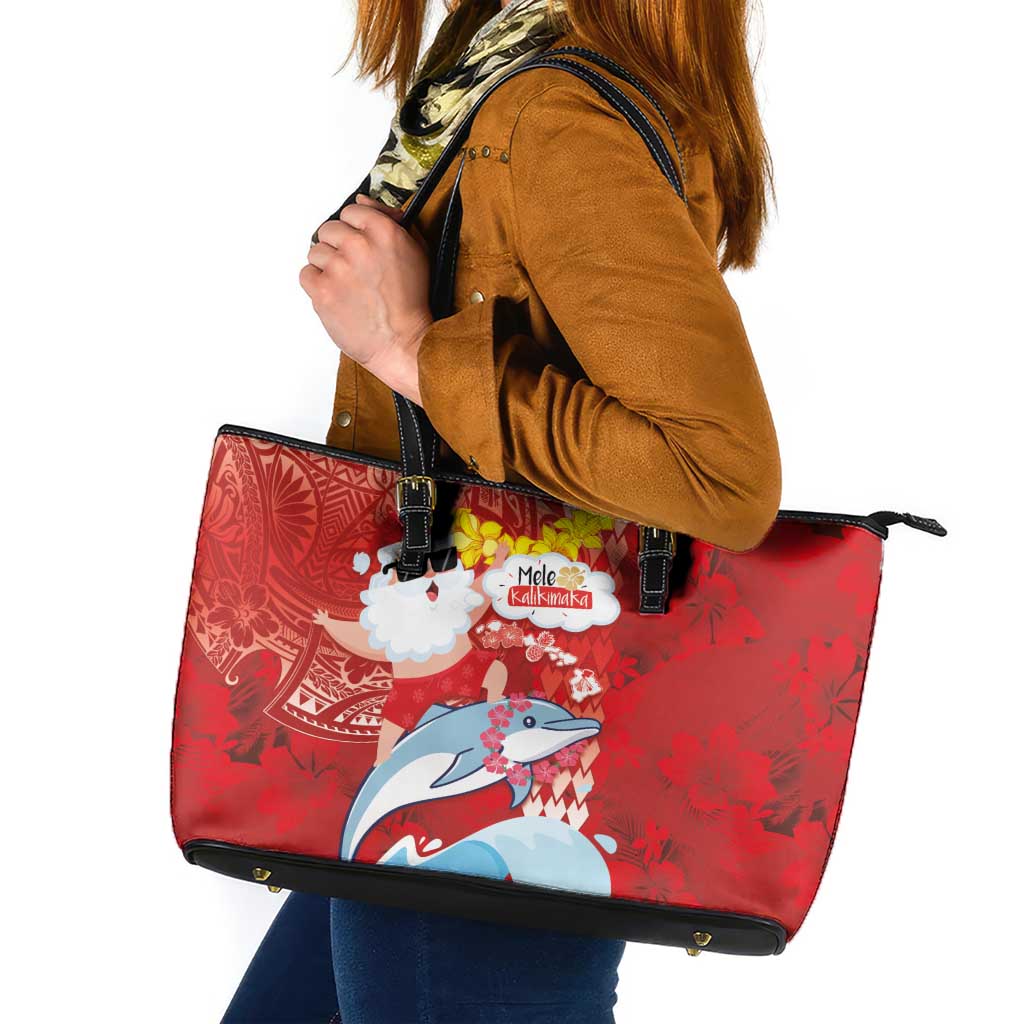 Hawaiian Mele Kalikimaka Leather Tote Bag Funny Santa Riding Lei Dolphin with Kakau Tattoos - Polynesian Pride