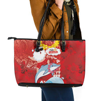 Hawaiian Mele Kalikimaka Leather Tote Bag Funny Santa Riding Lei Dolphin with Kakau Tattoos - Polynesian Pride