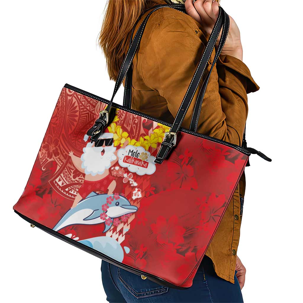 Hawaiian Mele Kalikimaka Leather Tote Bag Funny Santa Riding Lei Dolphin with Kakau Tattoos - Polynesian Pride