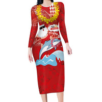 Hawaiian Mele Kalikimaka Long Sleeve Bodycon Dress Funny Santa Riding Lei Dolphin with Kakau Tattoos - Polynesian Pride