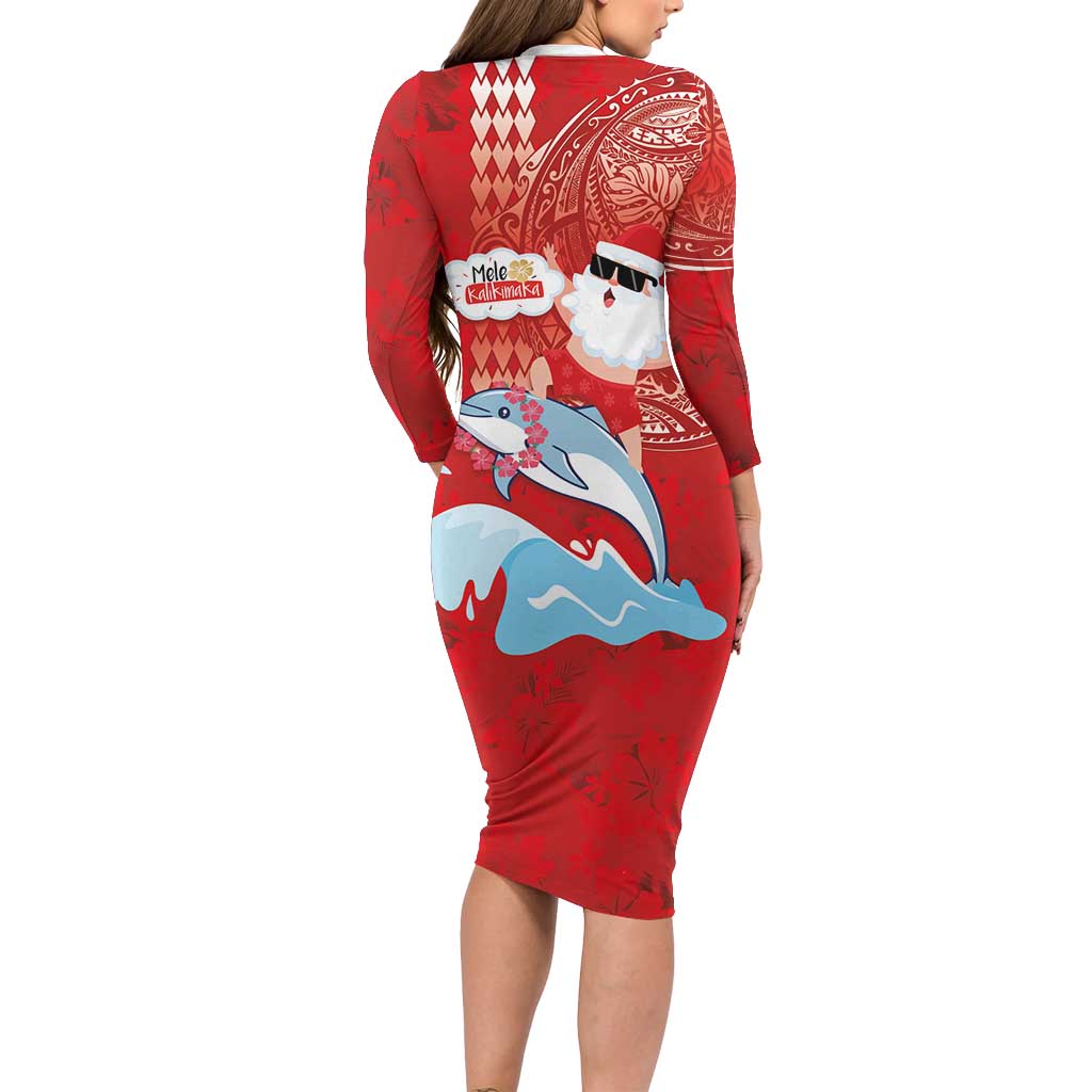 Hawaiian Mele Kalikimaka Long Sleeve Bodycon Dress Funny Santa Riding Lei Dolphin with Kakau Tattoos - Polynesian Pride